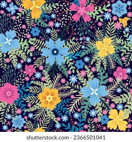 Beautiful floral seamless pattern with yellow flowers, forest grasses, leaves on a light blue-purple background. Wild flowers perfect template