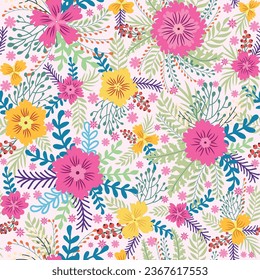 Beautiful floral seamless pattern with yellow flowers, forest grasses, leaves on a light blue-purple background. Wild flowers perfect template