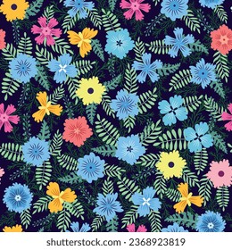 Beautiful floral seamless pattern with yellow flowers, forest grasses, leaves on a light blue-purple background. Wild flowers perfect template