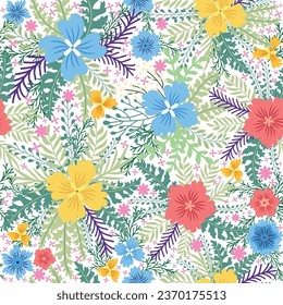 Beautiful floral seamless pattern with yellow flowers, forest grasses, leaves on a light blue-purple background. Wild flowers perfect template