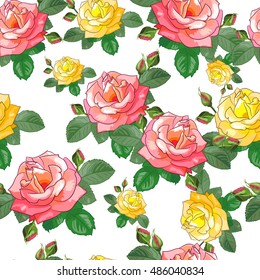 Beautiful Floral seamless pattern.Red and yellow Roses with buds and leaves on white background. Vector illustration. Suitable for fabrics, textiles, wallpaper, scrapbooking.