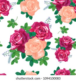 Beautiful floral seamless pattern.Red,pink roses with green leaves on white background.Botanical vector illustration. Suitable for fabrics, textiles, wallpaper, scrapbooking.