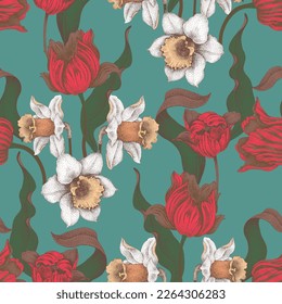 Beautiful floral seamless print pattern with roses, white flowers and green leaves using dotted shadows in bright high contrast color schemes.