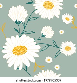 Beautiful floral seamless summer pattern with camomiles, daisies and twigs on light blue pastel background.