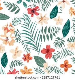 Beautiful floral seamless vector pattern, spring-summer background with tropical flowers, palm leaves, jungle leaf, hibiscus vector