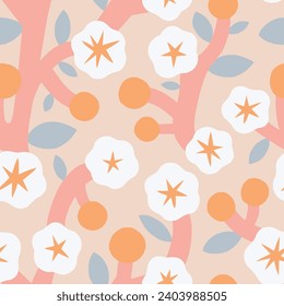 Beautiful floral seamless vector pattern with Blooming Garden. Stylized Botanical texture. Modern floral background