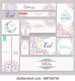 Beautiful floral social media post, header or banner set with crescent moon and Arabic Islamic calligraphy of text Eid Mubarak for Muslim community, festival celebration.