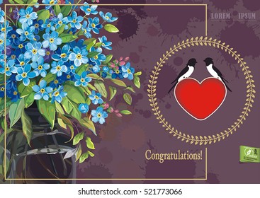 Beautiful Floral spring background with bouquet of small blue flowers forget-me-not in a vase of glass, eps8. Vector greeting or invitation design in retro style