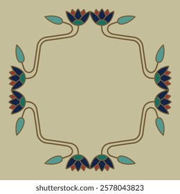 Beautiful floral square frame. Rectangular border with blooming branches of lotus flower. Ancient Egyptian design.