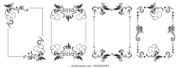 Beautiful floral square frame with vignettes. Slavic old Russian corners. Design of wedding invitations, anniversaries, congratulations. Vector isolated border.
