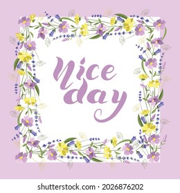 Beautiful floral square frame with wildflowers and leaves. Empty space for the text. Vector illustration