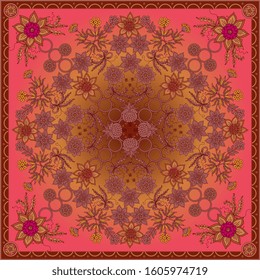 Beautiful floral square pattern. Ornament with flowers in warm colors for summer bandana prints and kerchiefs.