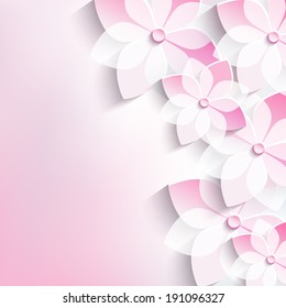 Beautiful floral stylish abstract background with 3d flower sakura. Trendy modern pink background. Greeting or invitation card for wedding, birthday and life events. Vector illustration
