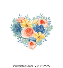 Beautiful floral and sweet macaroon bouquet in heart shape, full of daisy, ranunculus. succulent, eucalyptus and dusty miller leaves. watercolor floral illustration