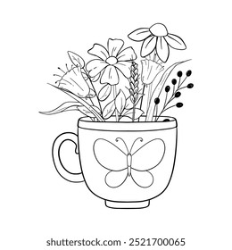 A Beautiful Floral Teacup Featuring an Elegant Butterfly Design Perfect for Coloring Activities