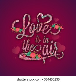 Beautiful floral text Love is in the Air on hearts decorated purple background for Happy Valentine's Day celebration.