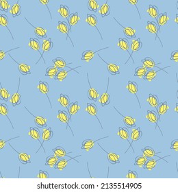 Beautiful floral texture. Abstract spring background with simple hand drawn yellow tulips on a blue background. Seamless, vector, elegant, repeat design for decor, fabric, wallpaper, wrapping paper