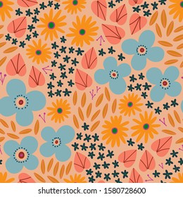 Beautiful floral texture with different hand drawn Flowers and Leaves. Summer Floral field - vector seamless pattern in Ditsy style.