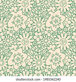 Beautiful floral texture in vector. Green linear flowers closeup on the natural beige background. Great for eco packaging, craft paper, stylish design, rustic wedding invitation or other products.