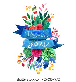 Beautiful Floral Thank You Card. Bright illustration invitation card for wedding,birthday and holiday and cute summer background Ribbon decorative illustration