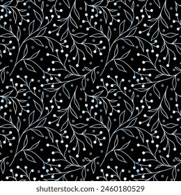 Beautiful floral theme seamless pattern vector. Leaf, flower and fruit on black background. Elegant winter garden wallpaper. Design for card, wrapping paper, fabric, dress, scarf. Light blue and black