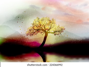 Beautiful Floral Tree in Front of Mountains with Lake Reflection in the Rain - Vector Illustration