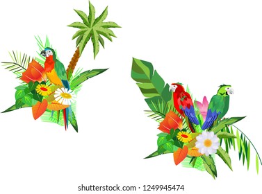 Beautiful floral  tropical exotic illustration  with parrots, tropical plants and flowers, Isolated on white background