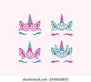 beautiful floral unicorn face with flowers vector icon design illustration collections template sets