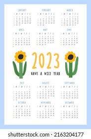 Beautiful Floral Vector Calendar - Have a nice year - 2023. Botanical printable Vector template. Monthly calendar with hand drawn Flower for 2023 year. Bold calendar design