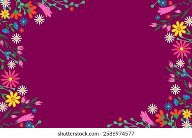 Beautiful floral vector card with delicate flowers along edges Copy space Purple violet background Perfect for invitations greeting cards wedding designs creative projects. Elegant stylish versatile