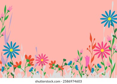 Beautiful floral vector card Delicate flowers border Copy space Pink background Perfect invitations Horizontal greeting card wedding designs creative projects Elegant stylish versatile Birthday