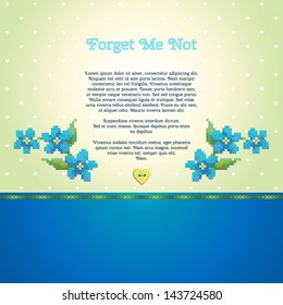Beautiful floral vector card.  Pattern imitates embroidery cross stitch and beads. Forget-me-not, button heart.  Place for your text. Perfect for greetings, invitations or announcements
