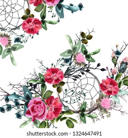 Beautiful floral vector dreamcatcher with watercolor rose flowers