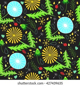 Beautiful floral vector pattern of dandelions, ladybirds, drops and leaves in fresh summer colors on the black background. 