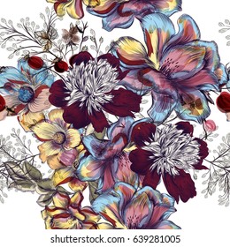 Beautiful floral vector pattern with peony flowers, cosmos and field grass. Watercolor vintage style