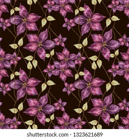 Beautiful floral vector seamless pattern. Abstract art purple amaryllis flowers with leaves. Black background. Template for textile, wallpaper, print, web, carton, banner, ceramic tile, glass mosaic.