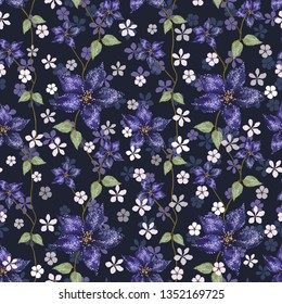 Beautiful floral vector seamless pattern. Bright blue amaryllis and small white flowers with leaves on navy blue background for textile, wallpaper, print, carton, banner, ceramic tile, glass mosaic.