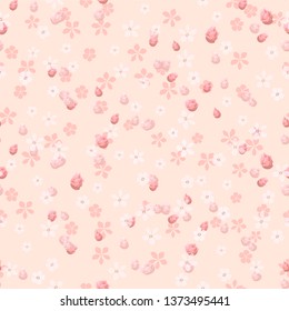 Beautiful floral vector seamless pattern. Pink roses buds and small white flowers on coral background. Template for textile, wallpaper, print, carton, banner, ceramic tile, card.