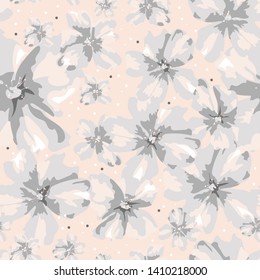 Beautiful floral vector seamless pattern. Abstract different size gray and pink flowers on coral background. Softness floral template for design, textile, wallpaper, carton, ceramic tile, card.