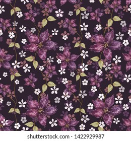 Beautiful floral vector seamless pattern. Bright purple amaryllis and many small white flowers with leaves on burgundy background for textile, wallpaper, carton, banner, ceramic tile, glass mosaic.