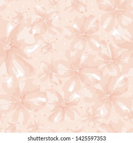Beautiful floral vector seamless pattern. Abstract different size white and pink flowers on coral background. Softness floral template for design, textile, wallpaper, carton, wrapping paper, card.