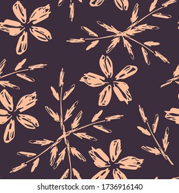 Beautiful floral vector seamless pattern in vintage style. Delicate pink doodle flowers, branches on a dark purple-brown background. For prints of fabric, textile products, wallpaper, clothes.