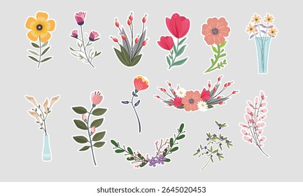 Beautiful Floral Vector Sticker Set. A charming collection of colorful flower illustrations, perfect for decorations, crafts, and nature-themed designs