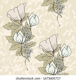 Beautiful floral vectorial digital pattern, with bouquet flowers pink on beige floral background. Nature, romantic, seamless. All illustration are digital.