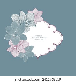 Beautiful floral vintage frame with hand-drawn lilies flowers. Tender and cute vector template for the design of greeting cards from March 8, invitations to the celebration, wedding ceremony.