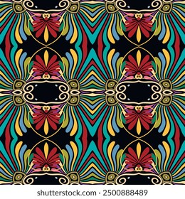 Hermosa floral vintage greece antiguo estilo étnico sin patrón con líneas de flores de colores, hojas, remolinos. Adornos brillantes modernos multicolores sobre fondo negro. Vector de textura ornamentada sin fin