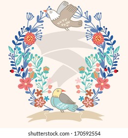 Beautiful floral vintage wreath with birds.