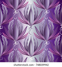 Beautiful floral violet seamless pattern. Vector modern flourish background fabric wallpaper with hand drawn purple violet 3d flowers, leaves. Vintage ornaments. Design elements with shadow  highlight