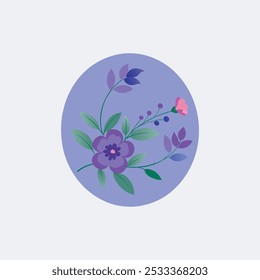 A beautiful floral watercolor oval frame featuring purple and blue flowers with greenery. Perfect for invitations, wedding designs, and decorative elements.