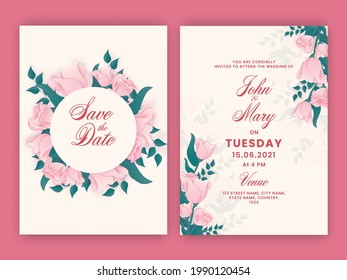Beautiful Floral Wedding Card Template In Front And Back View.